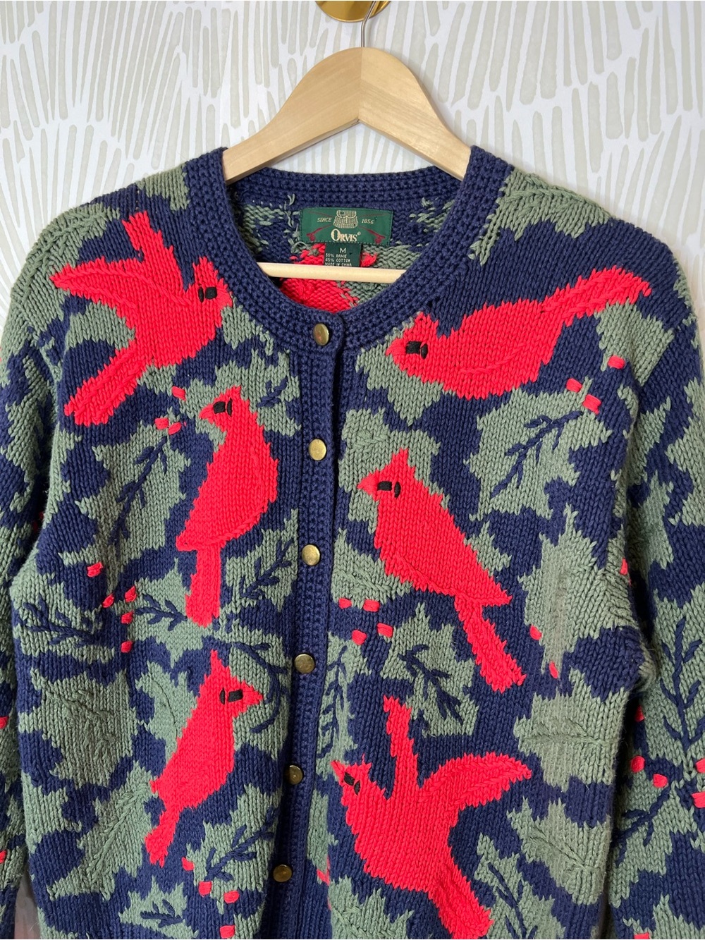 Orvis Cardinal Bird Knit Cardigan Sweater Navy Holly Button Front cotton blend - Picture 4 of 14